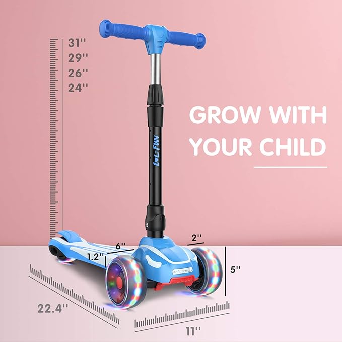 LOL-FUN Toddler Scooter for Kids Ages 3-12 Years Old Boy Girl with 3 Wheel LED Lights, Extra-Wide Childrens Foldable Kick Scooter Kids Ages 3-5 with 4 Adjustable Height and Lean-to-Steer