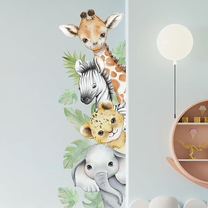 44.88x 15.75 Inch Watercolor Animal Wall Decals Jungle Animal Wall Stickers Tiger Elephant Giraffe Removable Peel and Stick Wall Decals for Nursery Playroom Bedroom Classroom Kindergarten Wall Decor