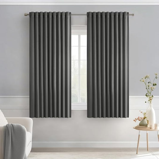 MIULEE Grey Back Tab Blackout Curtains 63 Inch Length 2 Panels Set for Living Room Bedroom Privacy, Rod Pocket/Pinch Pleat Thermal Insulated Room Darkening Pleated Light Blocking Drapes