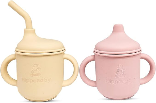 Silicone Transition Sippy Cup for 6+ month old | Includes 1 Toddler straw cup & 1 Baby Sippy Cup with Handles 5 oz | Perfect for Baby Led Weaning (Cream/Rose Quartz, 5 oz)