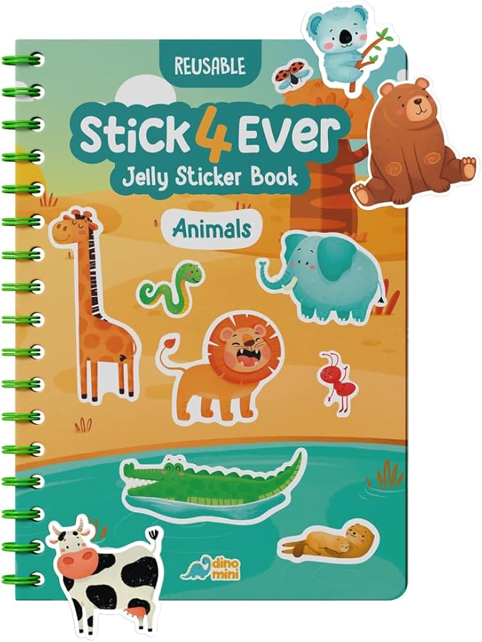 Stick4Ever Jelly Sticker Book - for Kids - Waterproof, Easy to Clean Jelly Stickers for Kids - Reusable Sticker Book for Toddlers with 50 Pcs of Reusable Stickers (Animals)