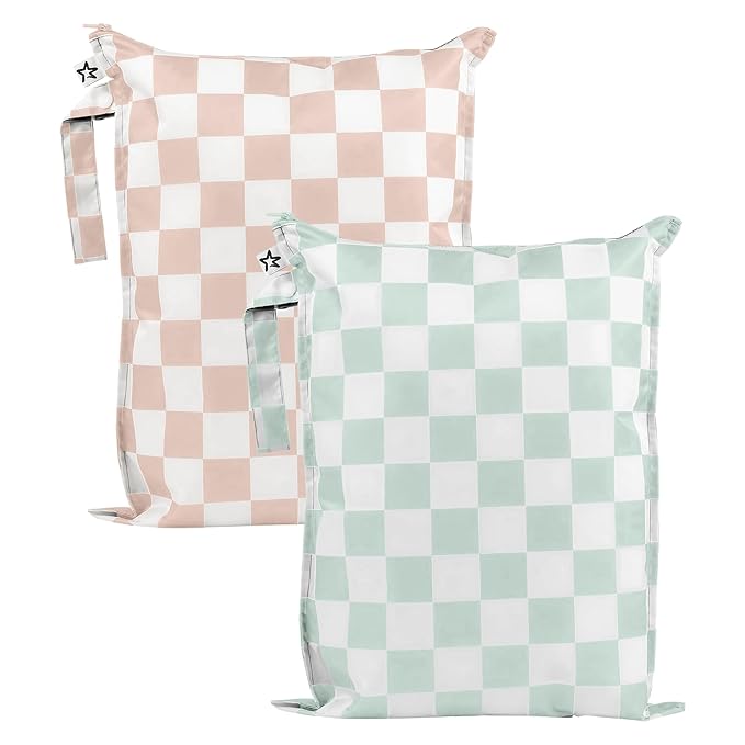 Tiny Twinkle Mess-Proof Waterproof Wet Dry Bag | 2-Pack Reusable Wet Bags for Swimsuits & Baby Clothes | Leakproof Wet Bag for Travel & Diaper Changes for Baby (Unisex Checkers)