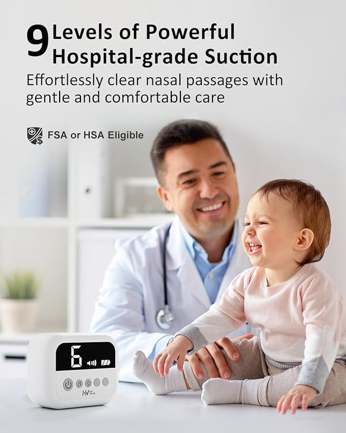 HEYVALUE Nasal Aspirator for Baby, Hospital Grade Nose Sucker with 9 Levels Suction, Night Light and Nursery Rhyme Soothing Function, Electric Nose Suction for Baby with Food-Grade Silicone Tips