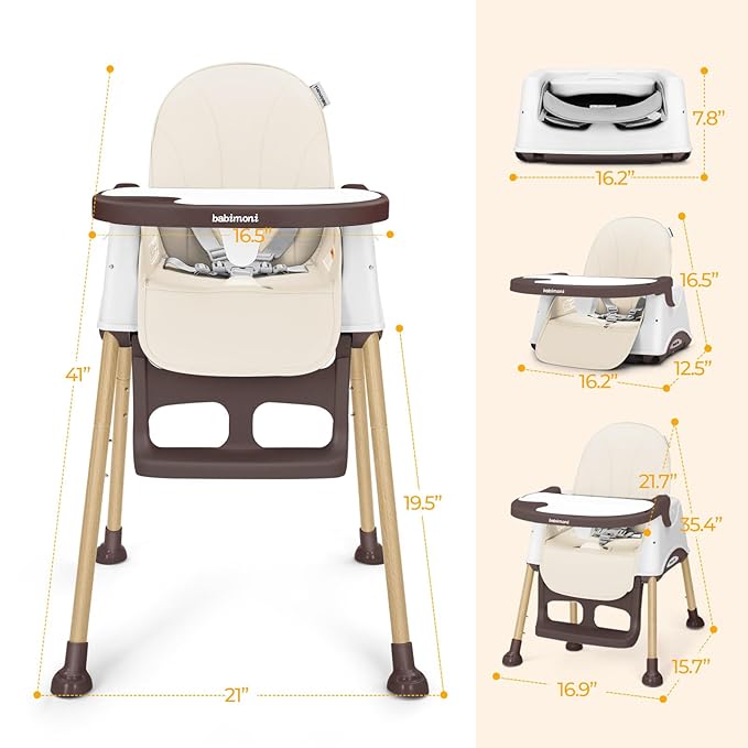 3 in 1 High Chairs for Babies and Toddlers, Convertible High Chair, High Chair with Foot Rest and Double Tray, Easy to Clean, Compact and Versatile, Perfect for Growing Kids, Cream