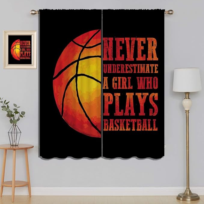 Red Basketball Blackout Curtains for Boy Girl Room Darkening Decor,Sport Theme and Motto Dark Background Bedroom Living Room Home Rod Pocket Thermal Insulated Window Curtain/Drapes Panel,84x72 Inch…