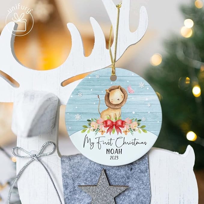 Unifury Personalized Baby First Christmas Ornament 2024, Adorable Keepsake for Babies First Christmas Tree, Holiday Decor for Celebrating Ceramic Babys 1st Christmas Ornament 2024, Animal Baby