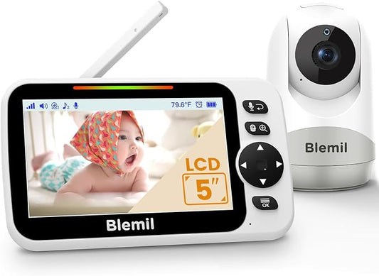 Baby Monitor with 30-Hour Battery, 5" Large Split-Screen Video Baby Monitor with Camera and Audio, 3500mAh Battery, Remote Pan/Tilt/Zoom Camera, Two-Way Talk, Night Vision, Lullabies, No WiFi