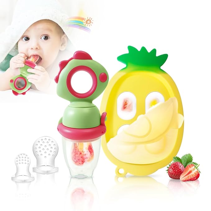 Baby Fruit Food Feeder - Silicone Nibble Tray Combo - Breastmilk Popsicle Mold for Cooling Relief, BPA Free Mesh Feeder for Infant Self Feeding (Dinosaur Green + Pineapple)