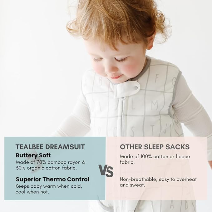 Tealbee Dreamsuit: Toddler Sleep Sack with Feet 12-18 months, 18-24 months - 1.2 TOG All Season Baby Wearable Blanket for Walkers - Rayon made from Bamboo, Organic Cotton Sleep Bag (12m-2T) - Alphabet