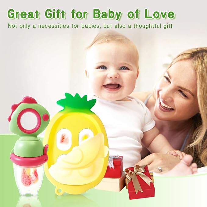 Baby Fruit Food Feeder - Silicone Nibble Tray Combo - Breastmilk Popsicle Mold for Cooling Relief, BPA Free Mesh Feeder for Infant Self Feeding (Dinosaur Green + Pineapple)