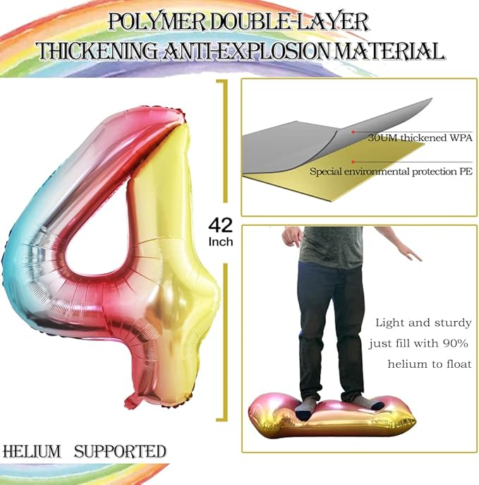 GOER Rainbow Foil Balloons Number 4,Huge Number Balloons for 4th Birthday Party Supplies Anniversary Decorations (3 pcs,42 inch,32 inch,16inch)