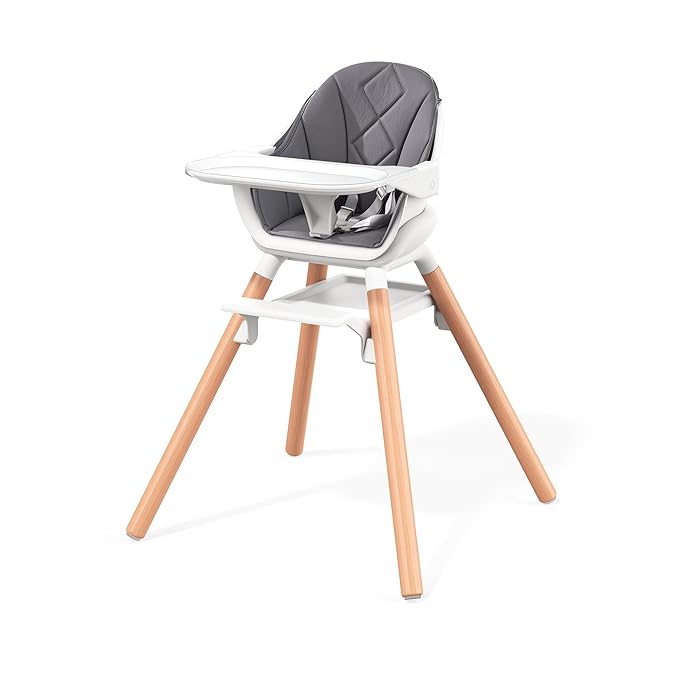 Baby High Chair, Highchair for Baby & Toddler, Easy Clean Infant Highchair, 6 in 1 Feeding High Chair with Removable Double Tray and Waterproof PU Cushion, Wooden Legs, Grey