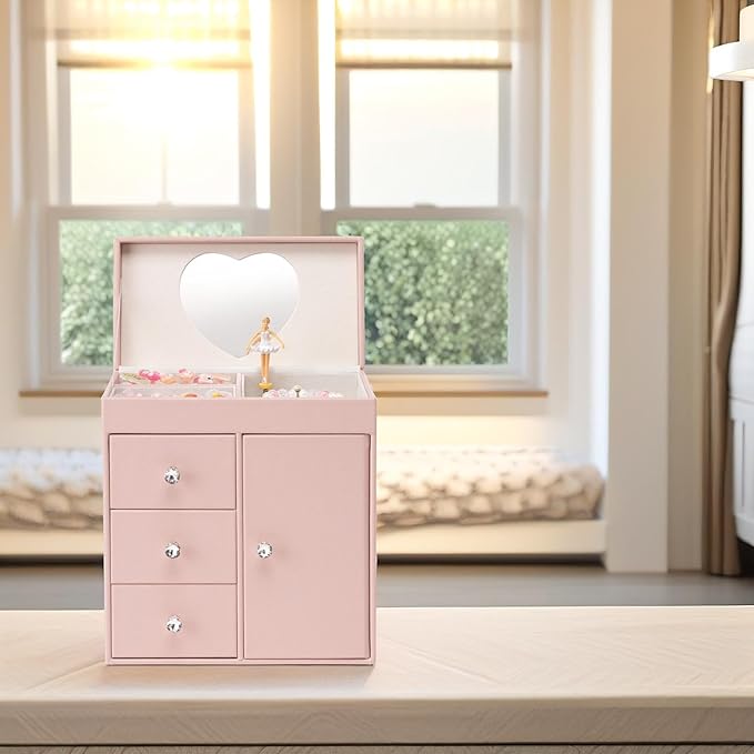Vlando Musical Jewelry Box with Spinning Ballerina, Girls’ Jewelry Organizer for Necklaces Rings and Hair Accessories, Gift for Girls and Kids, Pink
