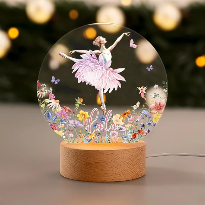 callie Acrylic Night Light Name Plate Personalized, Custom Cute Fox Deer Turtle Forest Animal with Wooden Base Bedroom Decor, Birthday Gifts Kid Gifts for Family (Beautiful Ballet Girl)