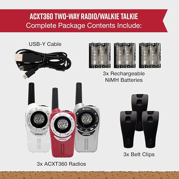 Cobra ACXT360 Water Resistant Walkie Talkies – Rechargeable, 22 Channels, Long Range 25-Mile Range Two-Way Radios 3-Pack, White, Silver and Red