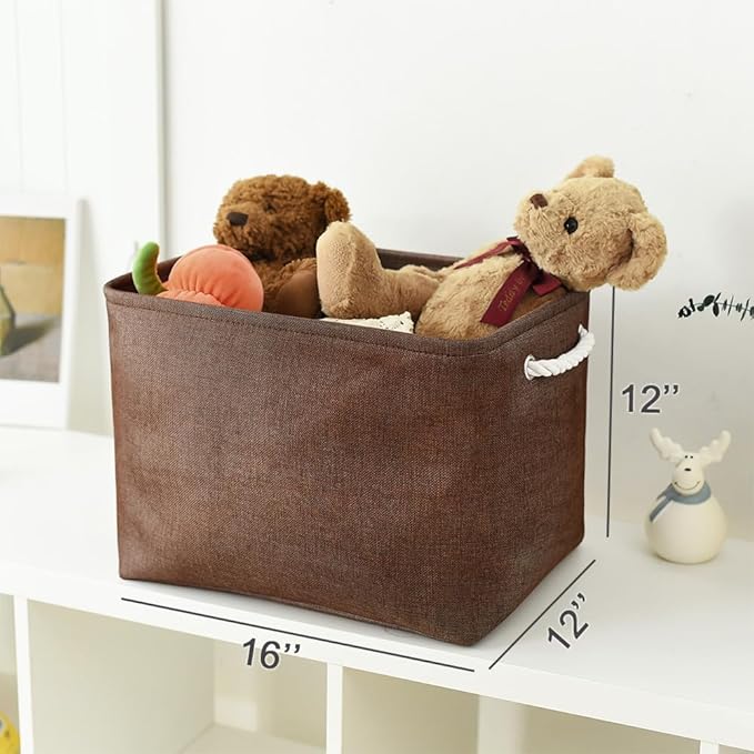 TheWarmHome Organization and Storage Basket for Shelves - 3 Pack 16x12x12 inch Fabric Storage Cubes, Cube Storage Bin for Organizing Closet Cloth Organizer Gift Toy (White & Brown)