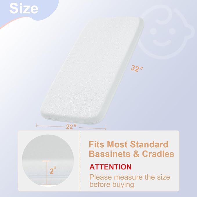 NeoBorn Baby Bassinet Mattress Pad, 32" x 22" Dual Sided Comfort Gel Memory Foam Mattress with Removable Soft Tencel Cover Fit for Fodoss Bassinet