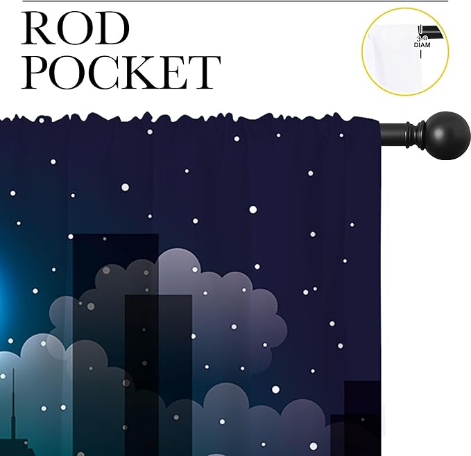 Superhero Rod Pocket Blackout Curtains for Boy Girl Bedroom, Violet Night Sky Buildings Cityscape Home Energy Efficient Light Filtering Window Curtain for Living Room, 42x63 inch