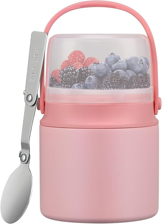 2-in-1 Insulated Food Jar & Snack Container - 15oz Kids Soup Thermos for Hot Food with Handle and Spoon, Leak Proof Reusable Toddler Snack Box, Perfect for School & Travel, Pink