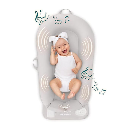 MyBaby 3-in-1 Calming Baby Cushion, Soothing Comfort for Newborns & Infants, Snuggling Sensation, Sound and Vibration, Designed for Safety, Rechargeable & Machine-Washable, by Homedics, Gray