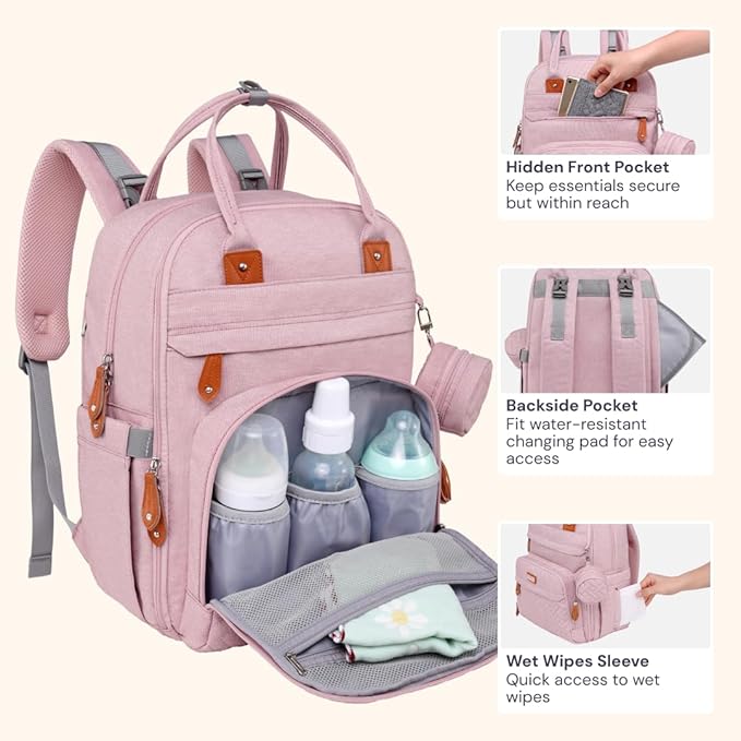 BabbleRoo Diaper Bag Backpack - Baby Essentials Travel Tote - Multi function Water Resistant Diaper Bag, Travel Essentials Baby Bag with Changing Pad, Stroller Straps & Pacifier Case - Unisex, Pink