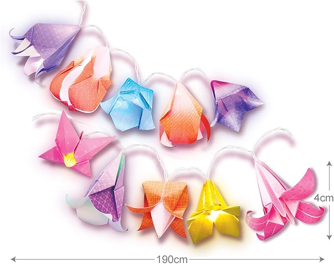 KidzMaker - Origami Flower Lights - DIY Craft Kit for Kids - Make Beautiful Flower-Shaped Origami Paper Kit Lights - Includes Colorful Papers & LED Lights - Fun Creative Activity for Room Decoration