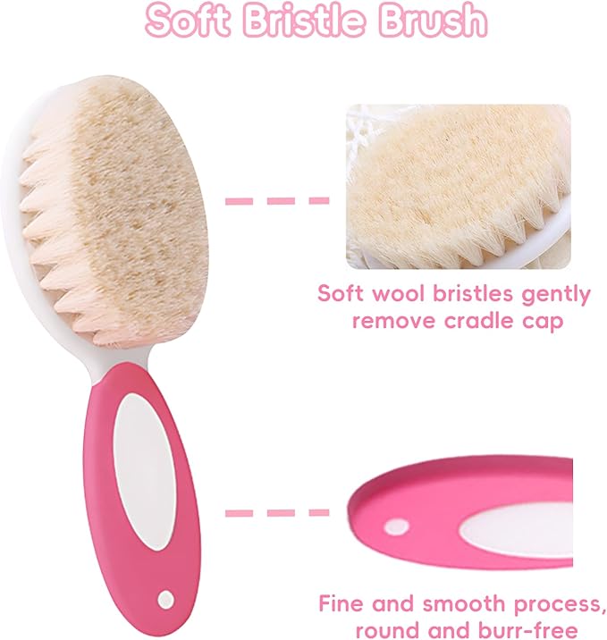 Baby Hair Brush and Comb Set, 4Pcs Baby Soft Bristles Brush Cradle Cap Brush Hair Comb for Newborns Toddlers Boys Girls (Pink)