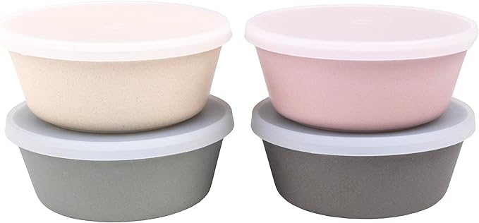 WeeSprout Bamboo Kids Bowls with Lids, Set of Four 10 oz Kid-Sized Dinnerware, Cereal, Leftovers & Snack Bowl, Dishwasher Safe (Pink, Green, Gray, & Beige)
