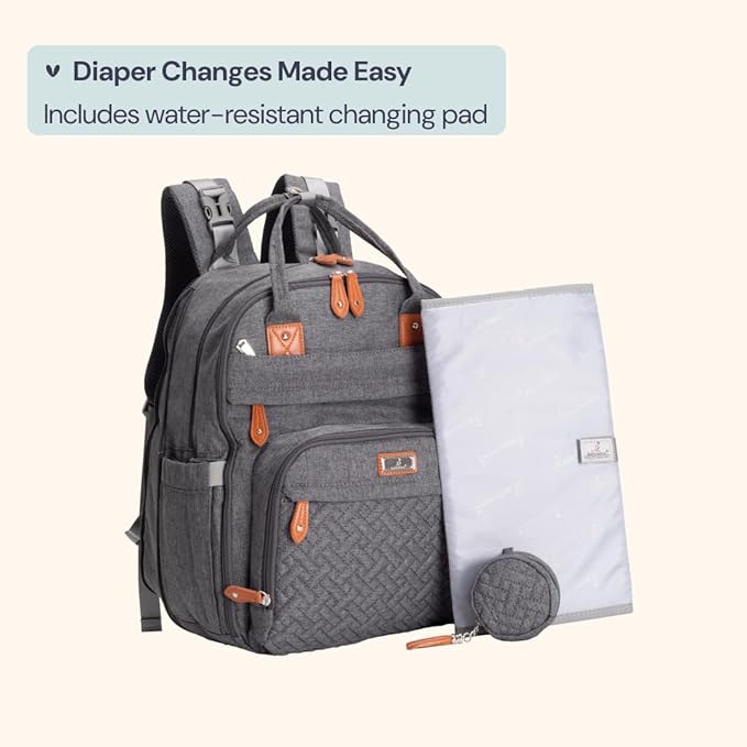 BabbleRoo Extra Large Diaper Bag Backpack, Expandable Baby Bag with Up to 50% More Capacity - Travel Essentials Baby Bag Tote with Changing Pad, Stroller Straps & Pacifier Case - Unisex, Dark Gray