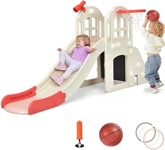 BABY JOY Toddler Large Slide, 6 in 1 Slide for Kids with Basketball Hoop, Ring Toss, 2 in 1 Convertible Climbing Way, Freestanding Kids Slide Climber Set for Indoors Outdoor Boys Girls Gifts Present