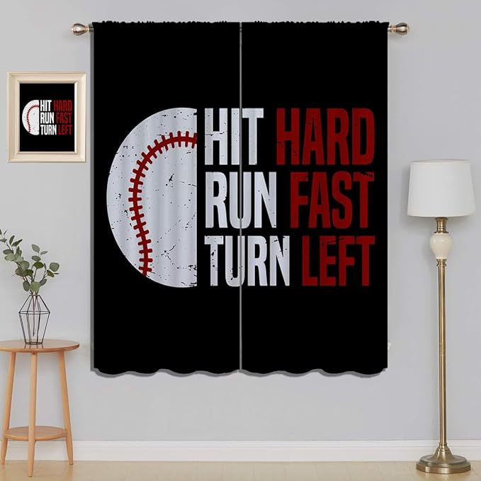 Baseball Blackout Curtains for Boy Girl Room Darkening Decor,Sport Theme Red and White Motto Dark Bedroom Living Room Home Rod Pocket Thermal Insulated Window Curtain/Drapes Panel,84x72 Inch…