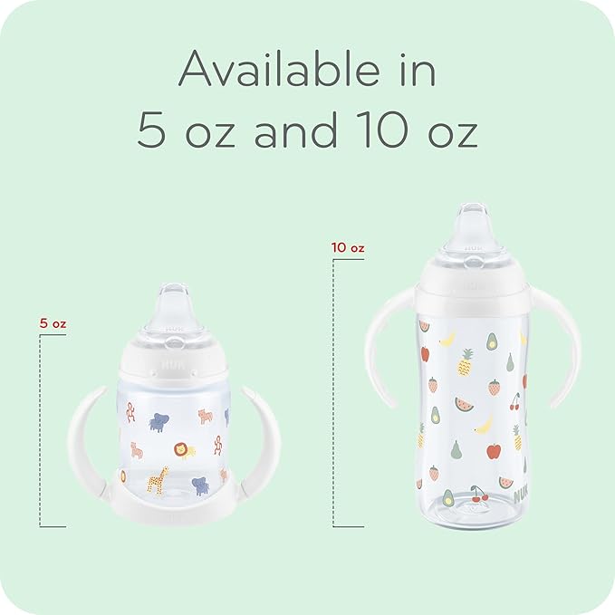 NUK Learner Cup, 8+ Months, Fun Fruits and Animals, Amazon Exclusive Collection, 10 Oz, Pack of 2, BPA-Free, Soft Spout, Spill Proof Sippy Cup