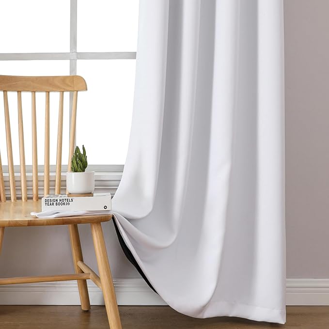 ChrisDowa White 100% Blackout Curtains 80 inch Long for Bedroom with Black Liner, 2 Thick Layers Total Blackout Thermal Insulated Grommet Window Curtains 2 Panels Set (Pure White, 52 x 80 Inch)