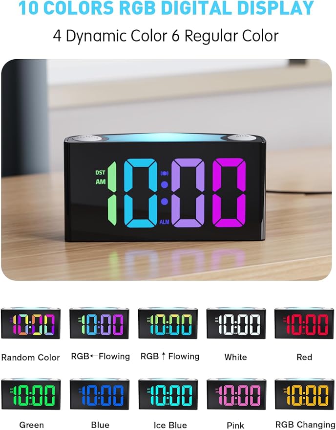 PPLEE RGB Digital Clock-Alarm Clocks for Bedrooms,Large Bold Number 7 Dimmers,Battery Backup Loud Alarm Clock,8 Modes Night Light,Dual Charger USB&Type-C,Bedside Desk Clock for Kid Adult Heavy Sleeper