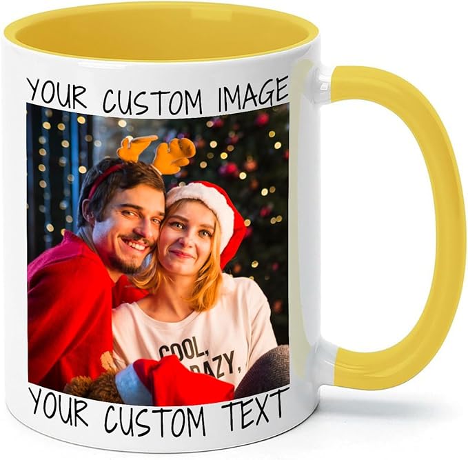Ship Next Day Custom Mug Design Your Own Photo Text Personalized Picture Gifts for Women Men Customized Gifts Idea Personalized Coffee Mugs 11oz Yellow Handle