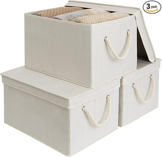 StorageWorks Storage Bins with Lids, Decorative Storage Boxes with Lid and Soft Rope Handles, Foldable Storage Baskets for Closet, Shelves, Stackable, Ivory and White, Jumbo, 3-Pack
