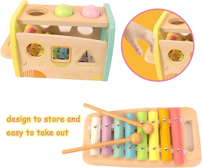 Hammering Pounding Toys Wooden Educational Toy Xylophone Shape Sorter, Birthday Gift for 1 2 3 Years Boys Girls Baby Toddler Kids Developmental Montessori Learning Toy (Yellow)