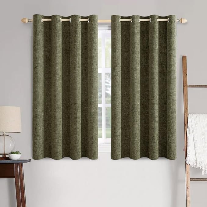 MIULEE Linen Texture Curtains for Bedroom Solid 100% Blackout Thermal Insulated Light Olive Green Curtains Grommet Room Darkening Drapes for Living Room Nursery 52x54 Inch (2 Panels)