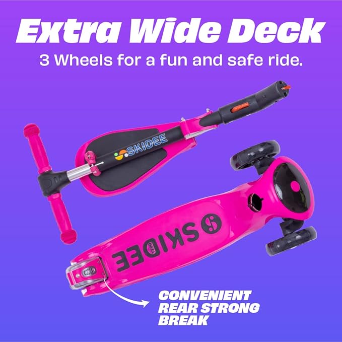 SKIDEE Kick Scooters for Kids Ages 3-5, Adjustable Height Foldable Scooter with Removable Seat, 3 LED Light Wheels, Rear Brake, Wide Standing Board, Suitable Up to 12 Year Old Boys/Girls