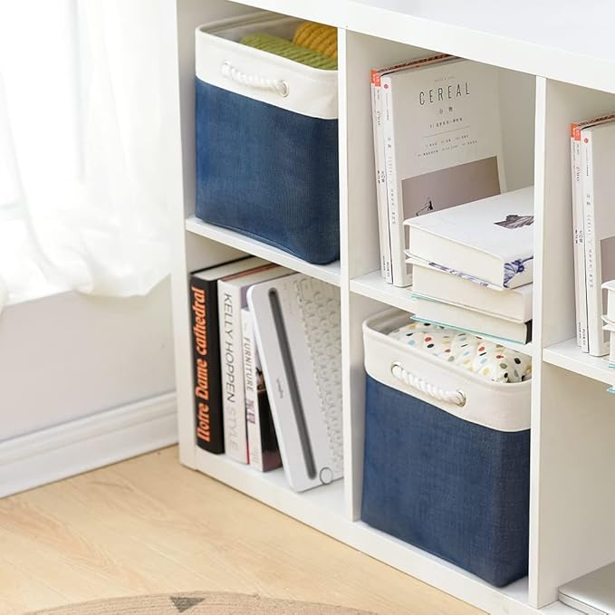 TcaFmac Organization and Storage Basket for Gifts Empty - 16x12x12 inch Large 2 Pack Collapsible Storage Bins for Shelves, Fabric Storage Cubes for Organizing Cloth Toy Kids (White & Jean Blue)