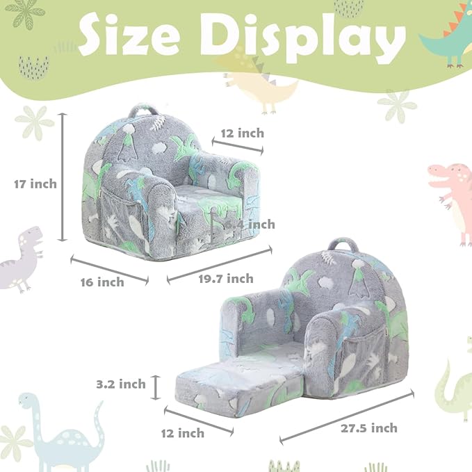 Toddler Chair Comfy,Toddler Couch Fold Out, 2-in-1 Kids Sofa,Flip Out Kids Couch,Sofa Convertible,Children Reading Chair for Age 1-3(Grey Dino)