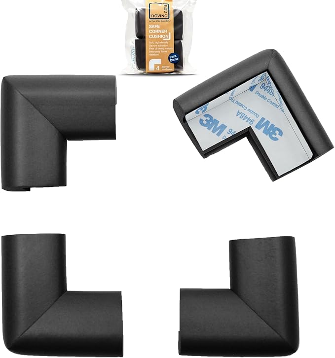 Roving Cove HeftyFit Corner Protector for Baby (4 Large Corners), Heavy-Duty Soft Rubber Foam Furniture Corner Bumper Guards, 3M Adhesive Pre-Taped, Onyx Black