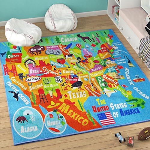 KC Cubs 8x10 USA United States Map Toy Car Road Rug – Educational Play Mat Carpet for Kids, Toddlers, Nursery, Classroom, Playroom, Baby Daycare