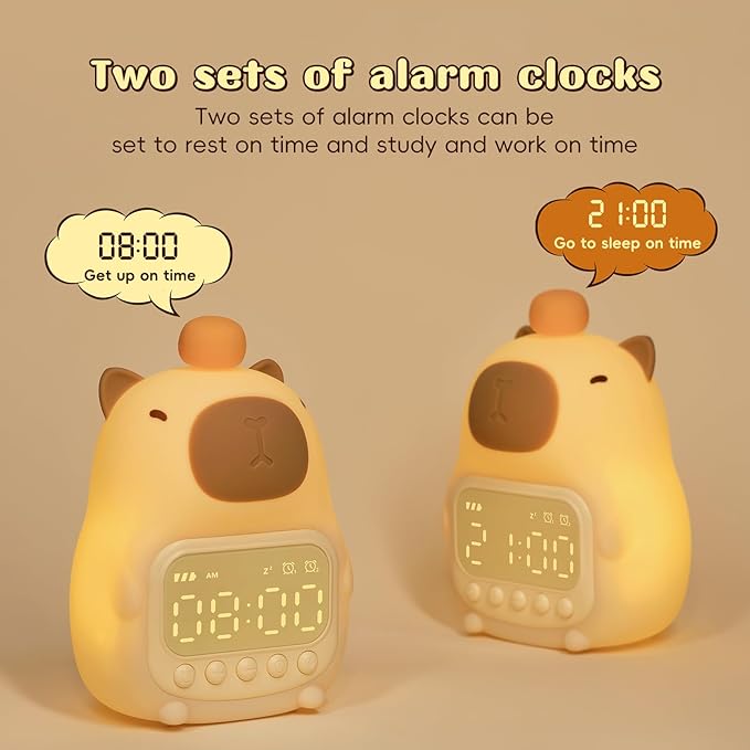 Capybara Alarm Clock with Night Light for Kids, Cute Alarm Clocks for Bedrooms Ok to Wake Clocks, Silicone Animal Tabletop Lamp for Teen Girls Boys
