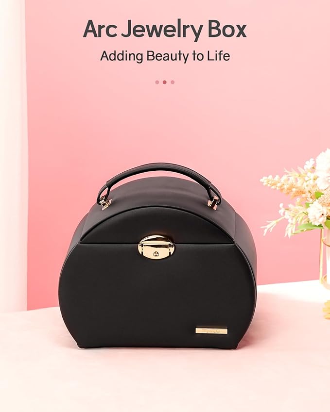 Homde Girls Jewelry Box Jewelry Storage Case Organizer with Mirror for Rings, Earrings, Bracelets, Necklaces (Black + Gold)