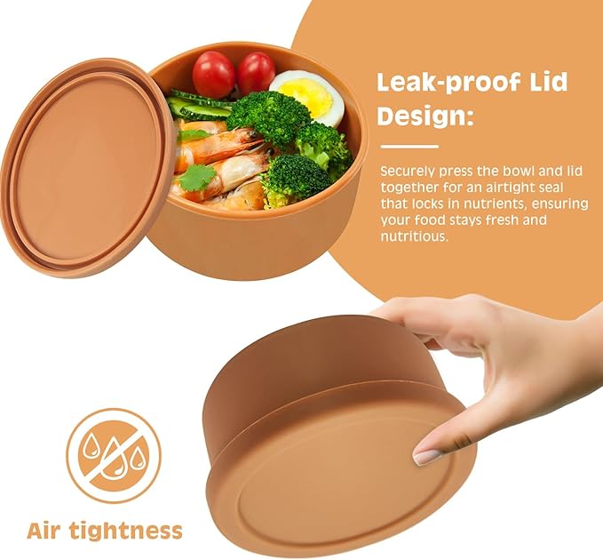 XU&PEIQI Silicone Lunch Bowls Bento Box with Lid Round Food Containers Microwave Refrigerator Safe Bowls Fruit Container Sealed Against Leakage,BPA-Free. 24 oz.(Baby blue)