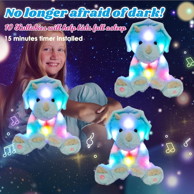 Cuteoy Light-up Singing Plush Blue Triceratops LED Musical Stuffed Animal Dinosaur Adjustable Volume Lullaby Plushies Birthday Christmas Toy Gifts for Kids Toddler Girls, 13"