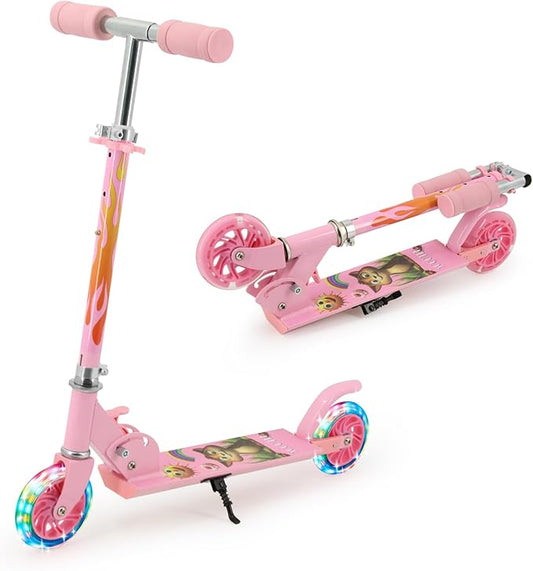 Scooter for Kids Ages 3+, Teens, Foldable Kick Scooter with Light up Wheels, Kickstand, 3 Adjustable Levels, Rear Brake, Lightweight Boys Girls Outdoor Toys for Kids 8-12, Pink