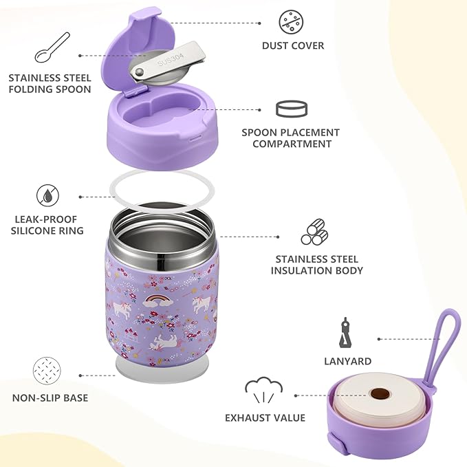 17oz Soup Thermo for Hot Food Kids Insulated Vacuum Food Jar with Stainless Steel Spoon Wide Mouth Thermo Leakproof Lunch Food Container Kids Hot Lunch Box (Purple-Horse)