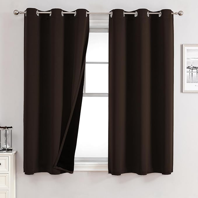 ChrisDowa 100% Blackout Curtains for Bedroom with Black Liner, 2 Thick Layers Total Blackout Thermal Insulated Grommet Small Window Curtains 2 Panels Set (Brown, 42 x 45 Inch)